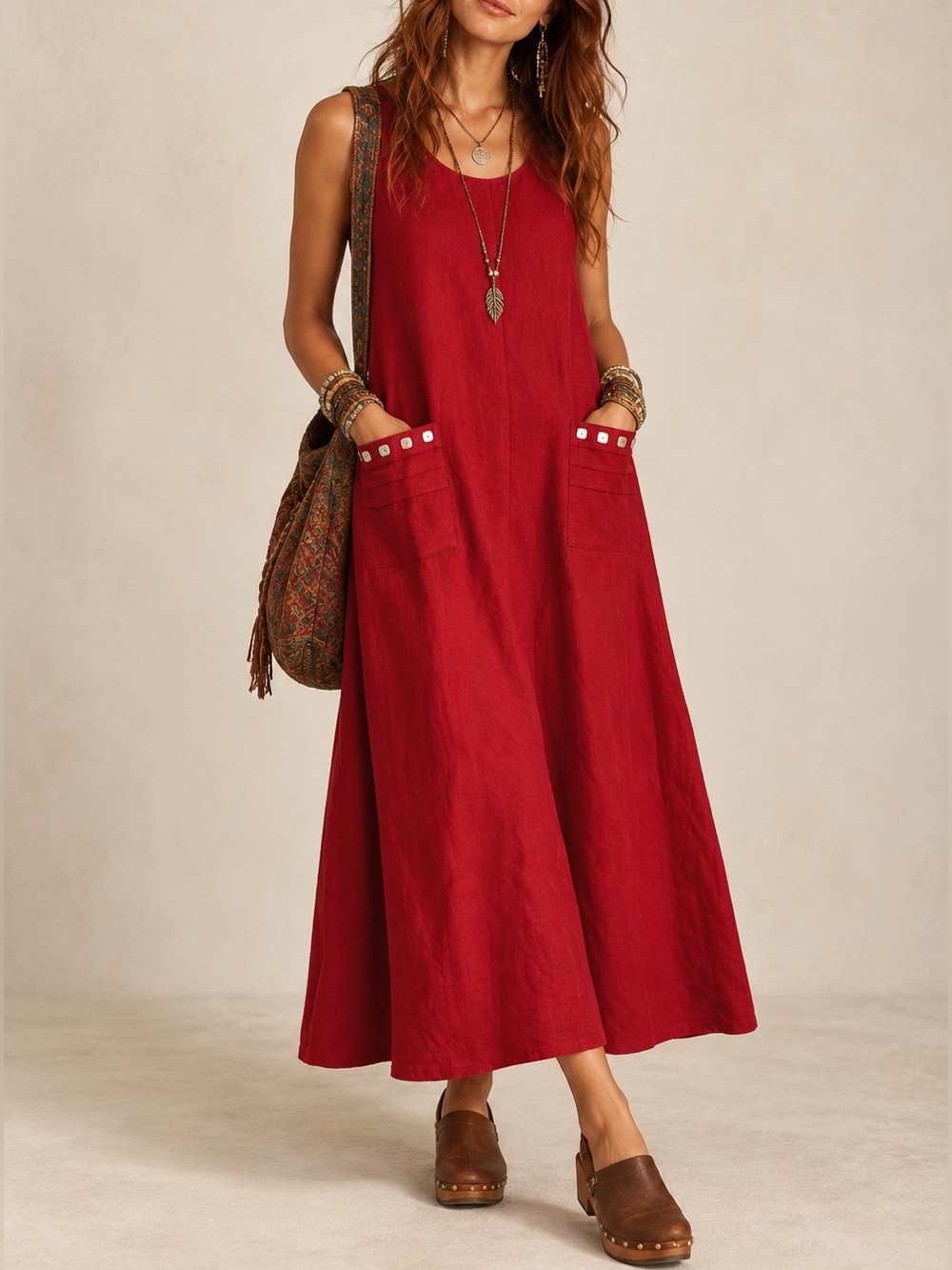 Vintage Talbots Red Linen Rayon Maxi Dress Cottagecore 90s Pinafore Pocket Dress
